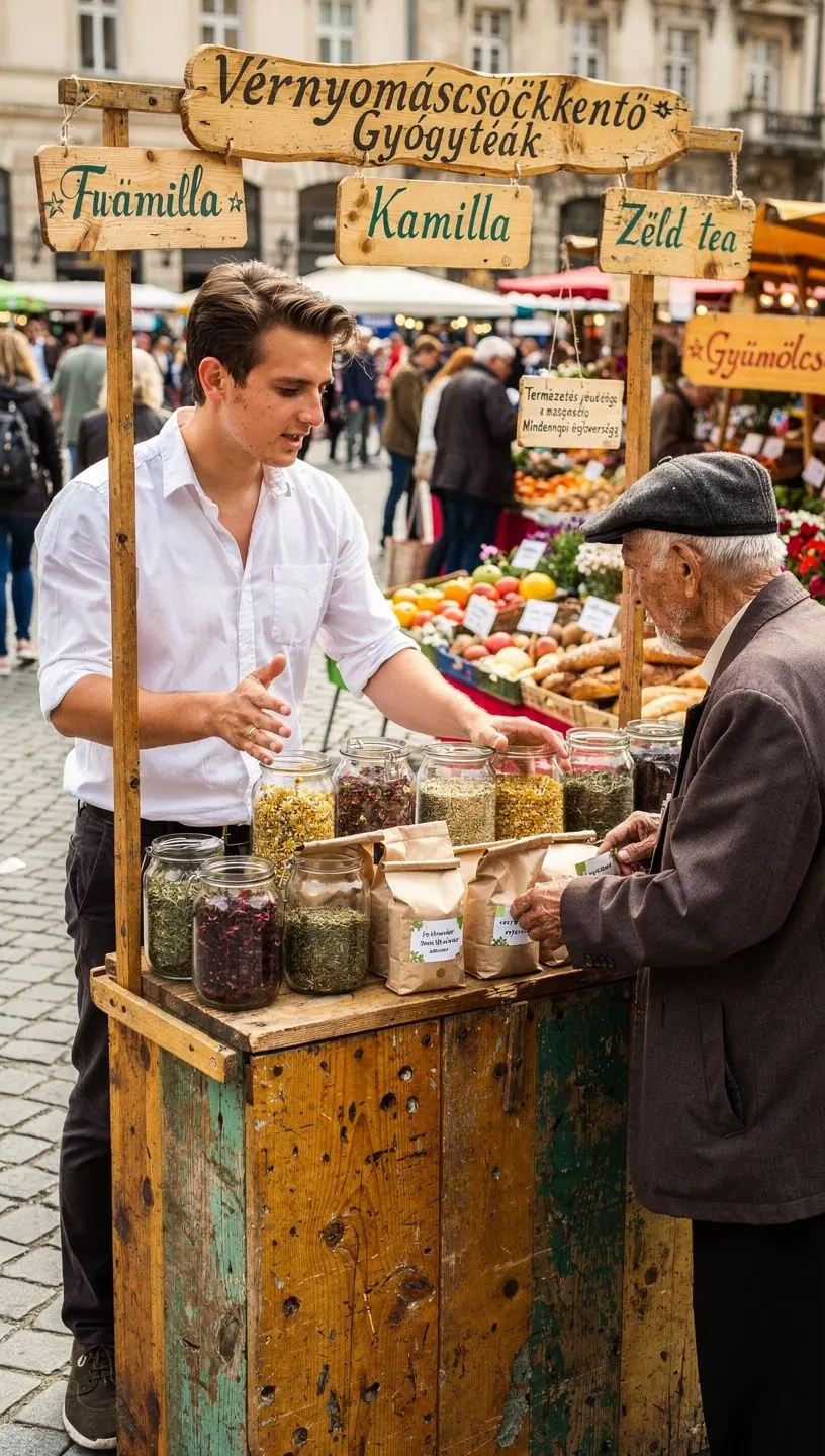 Gyógyteás bögre, amelyben gyógynövények forrnak a vérnyomás javítása érdekében.